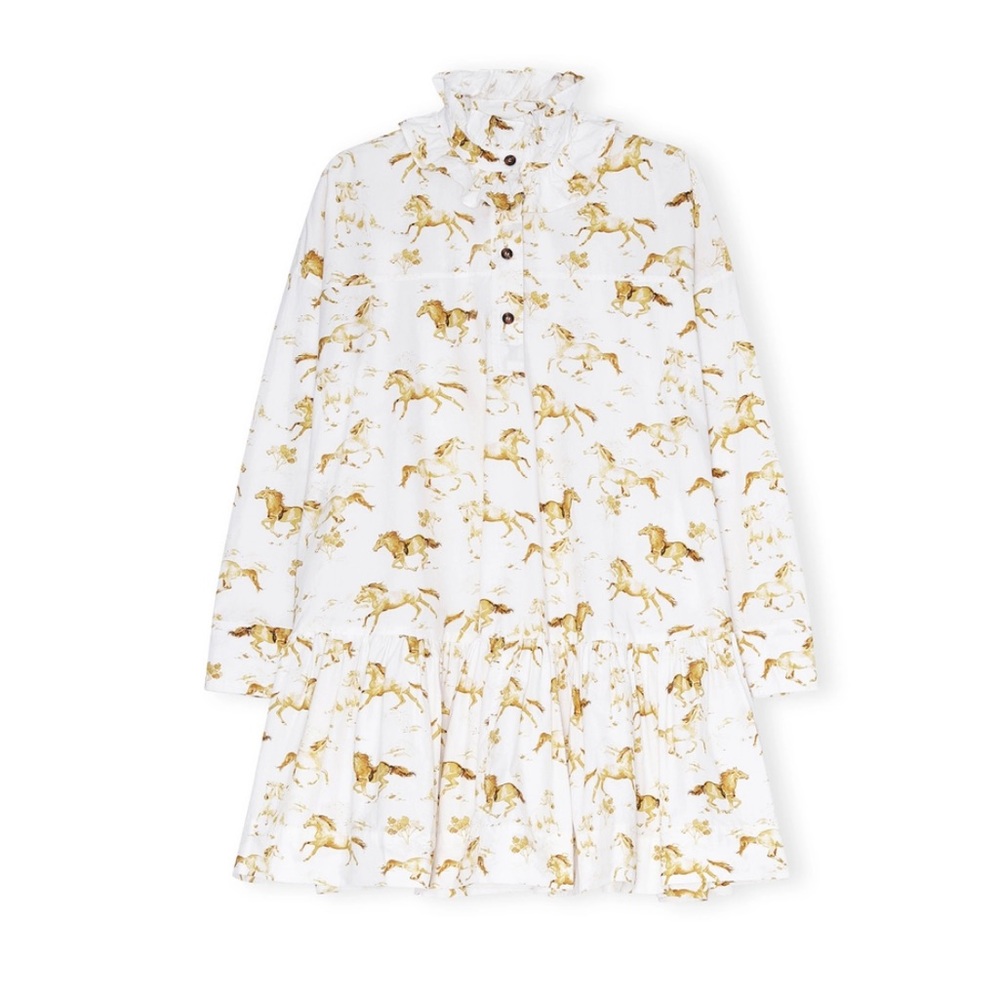 Ganni White Long-Sleeve Ruffle-Neck Dress with Gold Horse Print